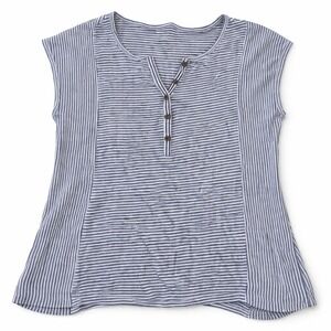 C&C California Linen Top – S Blue/White Striped Henley Cap Sleeve